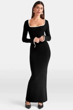 Long Sleeve Contrast Ribbed Knit Maxi Dress - Black And Buttermilk