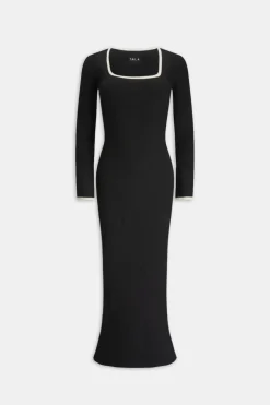 Long Sleeve Contrast Ribbed Knit Maxi Dress - Black And Buttermilk