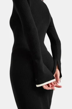 Long Sleeve Contrast Ribbed Knit Maxi Dress - Black And Buttermilk