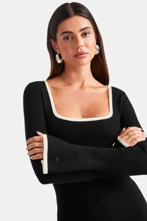 Long Sleeve Contrast Ribbed Knit Maxi Dress - Black And Buttermilk