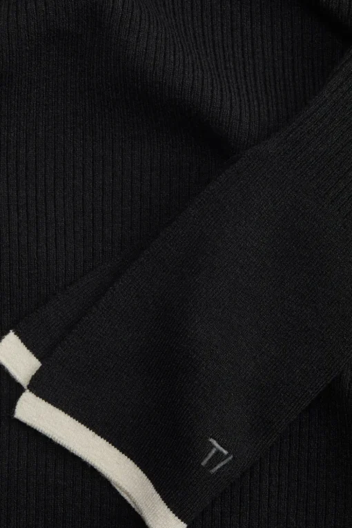 Long Sleeve Contrast Ribbed Knit Maxi Dress - Black And Buttermilk