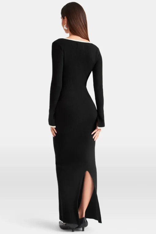 Long Sleeve Contrast Ribbed Knit Maxi Dress - Black And Buttermilk
