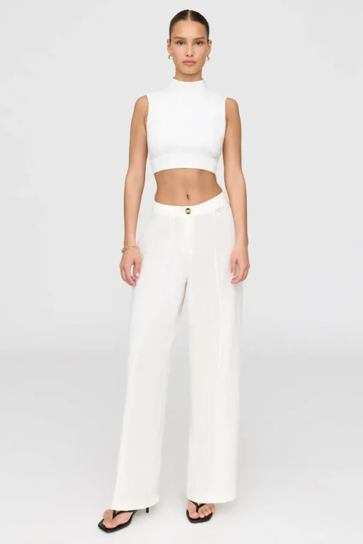 Monaco Linen Blend Mock Neck Tie Back Crop Top - Coconut Milk