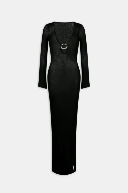 Multiway Gold Ring Long Sleeve Resort Knit Dress - Black Onyx
