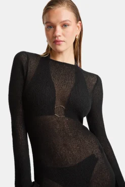 Multiway Gold Ring Long Sleeve Resort Knit Dress - Black Onyx