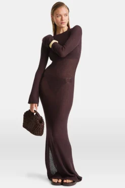 Multiway Gold Ring Long Sleeve Resort Knit Dress - Espresso