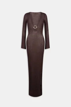 Multiway Gold Ring Long Sleeve Resort Knit Dress - Espresso