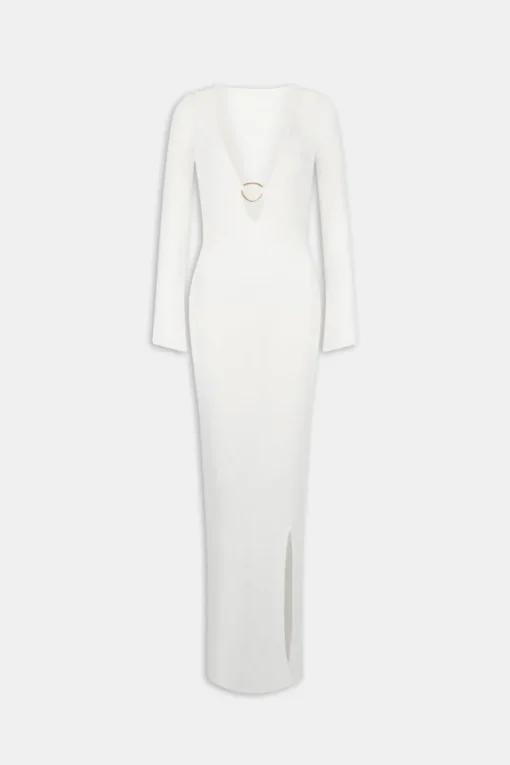 Multiway Gold Ring Long Sleeve Resort Knit Dress - Coconut Milk