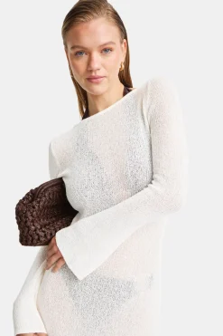 Multiway Gold Ring Long Sleeve Resort Knit Dress - Coconut Milk