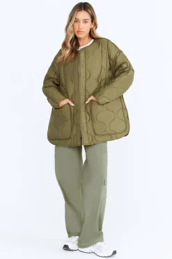 Oversized Reversible Quilted Jacket- Light Olive And Army Green