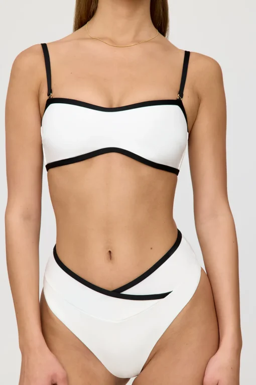 Palma Contrast Trim Wrap Waist Bikini Brief - Coconut Milk And Shadow Black