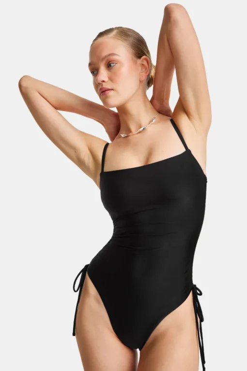 Ruched Adjustable Tie Side Shaping Swimsuit - Blank Onyx