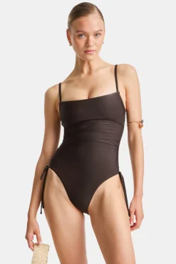 Ruched Adjustable Tie Side Shaping Swimsuit - Espresso