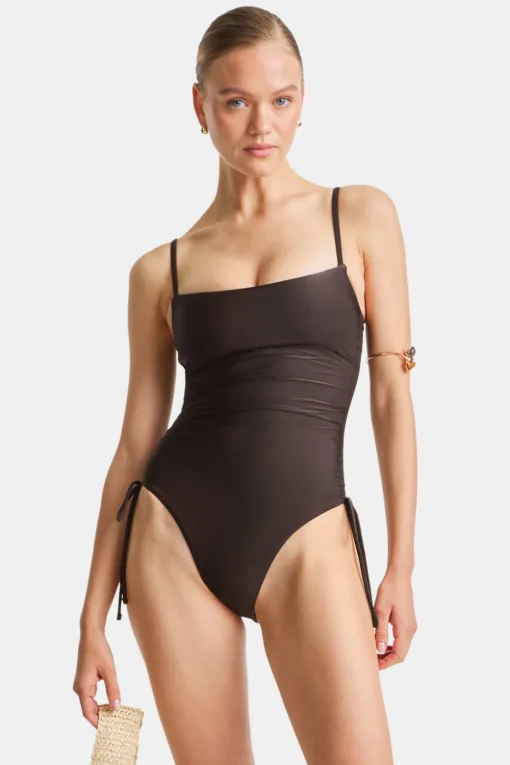 Ruched Adjustable Tie Side Shaping Swimsuit - Espresso