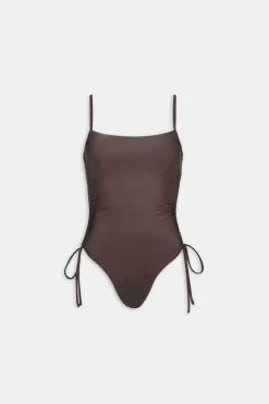 Ruched Adjustable Tie Side Shaping Swimsuit - Espresso