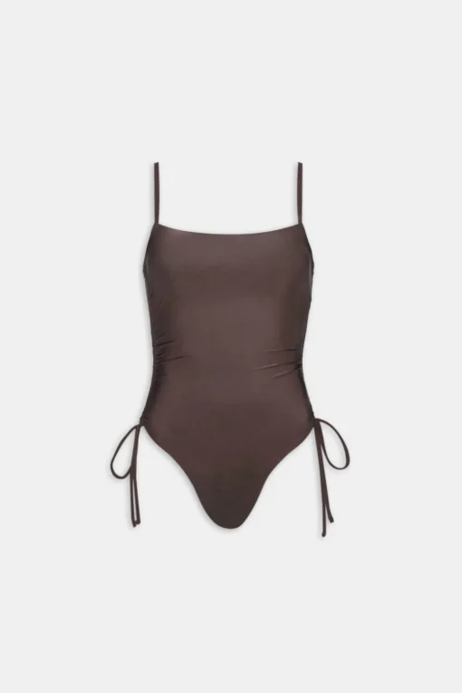 Ruched Adjustable Tie Side Shaping Swimsuit - Espresso