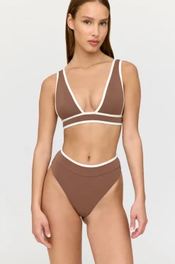 Saint Tropez Contrast Trim Plunge Neck Bikini Top - Terracotta And Coconut Milk