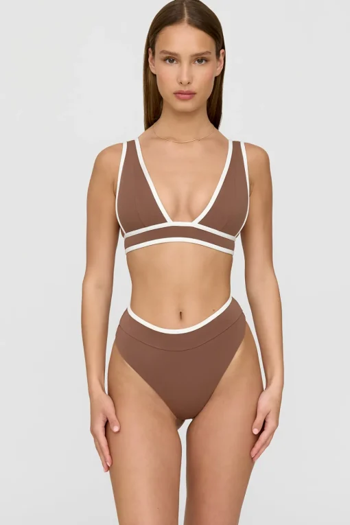 Saint Tropez Contrast Trim Plunge Neck Bikini Top - Terracotta And Coconut Milk