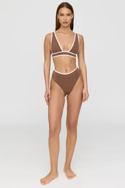 Saint Tropez Contrast Trim Plunge Neck Bikini Top - Terracotta And Coconut Milk