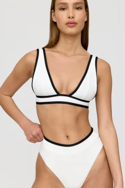 Saint Tropez Contrast Trim Plunge Neck Bikini Top - Coconut Milk And Shadow Black