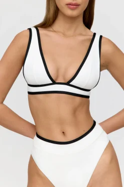 Saint Tropez Contrast Trim Plunge Neck Bikini Top - Coconut Milk And Shadow Black