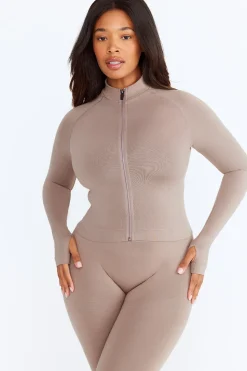 Sculpt Seamless Mock Neck Zip Through Jacket- Pebble Marl