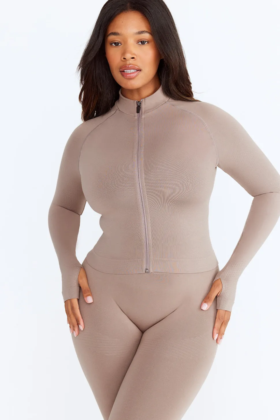 Sculpt Seamless Mock Neck Zip Through Jacket- Pebble Marl
