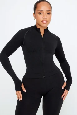 Sculpt Seamless Mock Neck Zip Through Jacket- Black Marl