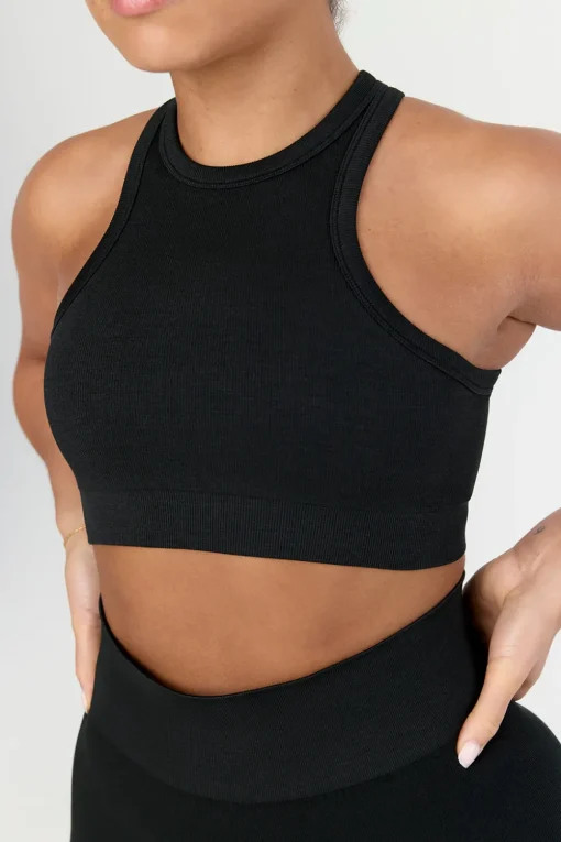 Sculpt Seamless Ribbed Racer Sports Bra - Black Marl