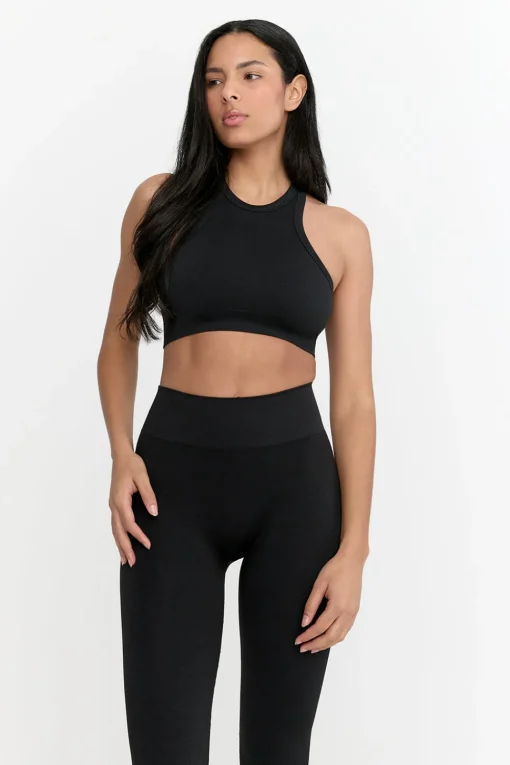 Sculpt Seamless Ribbed Racer Sports Bra - Black Marl