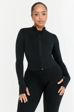 Sculpt Seamless Ribbed Zip Through Jacket- Black Marl