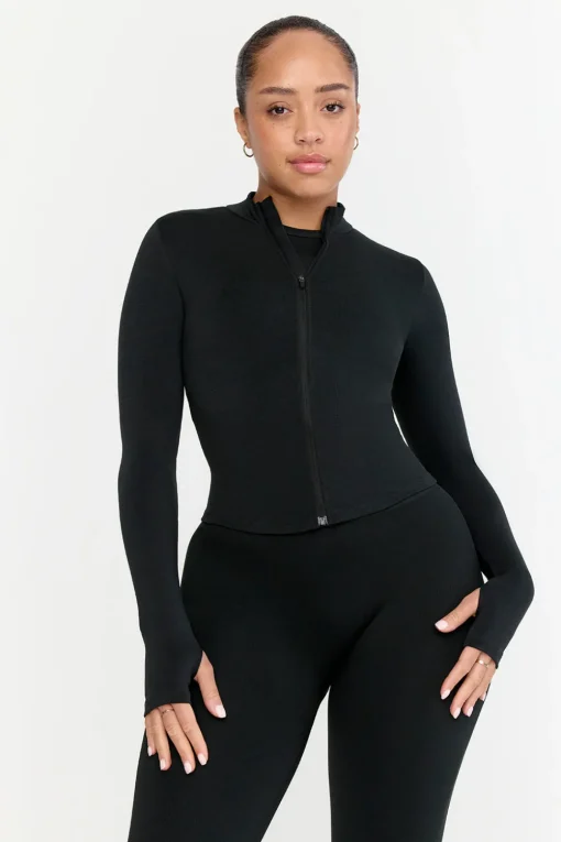 Sculpt Seamless Ribbed Zip Through Jacket- Black Marl