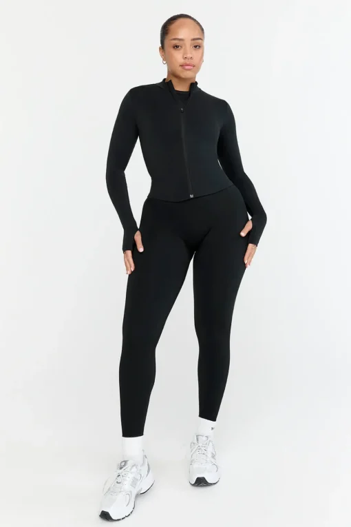 Sculpt Seamless Ribbed Zip Through Jacket- Black Marl