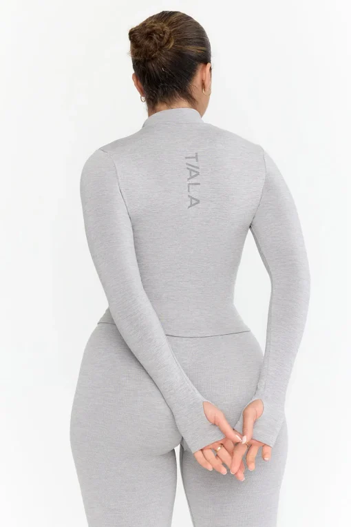 Sculpt Seamless Ribbed Zip Through Jacket- Light Grey Marl