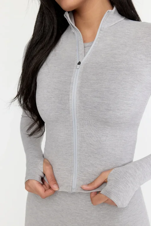 Sculpt Seamless Ribbed Zip Through Jacket- Light Grey Marl