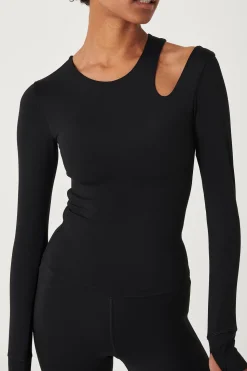 SkinLuxe Cut Out Shoulder Long Sleeve Top - Shadow Black