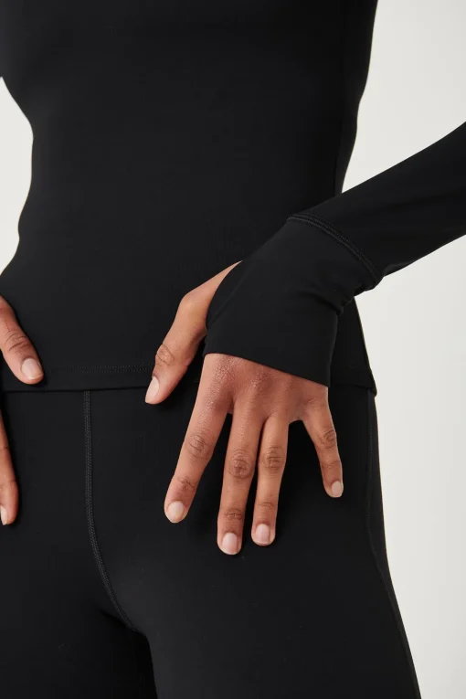 SkinLuxe Cut Out Shoulder Long Sleeve Top - Shadow Black
