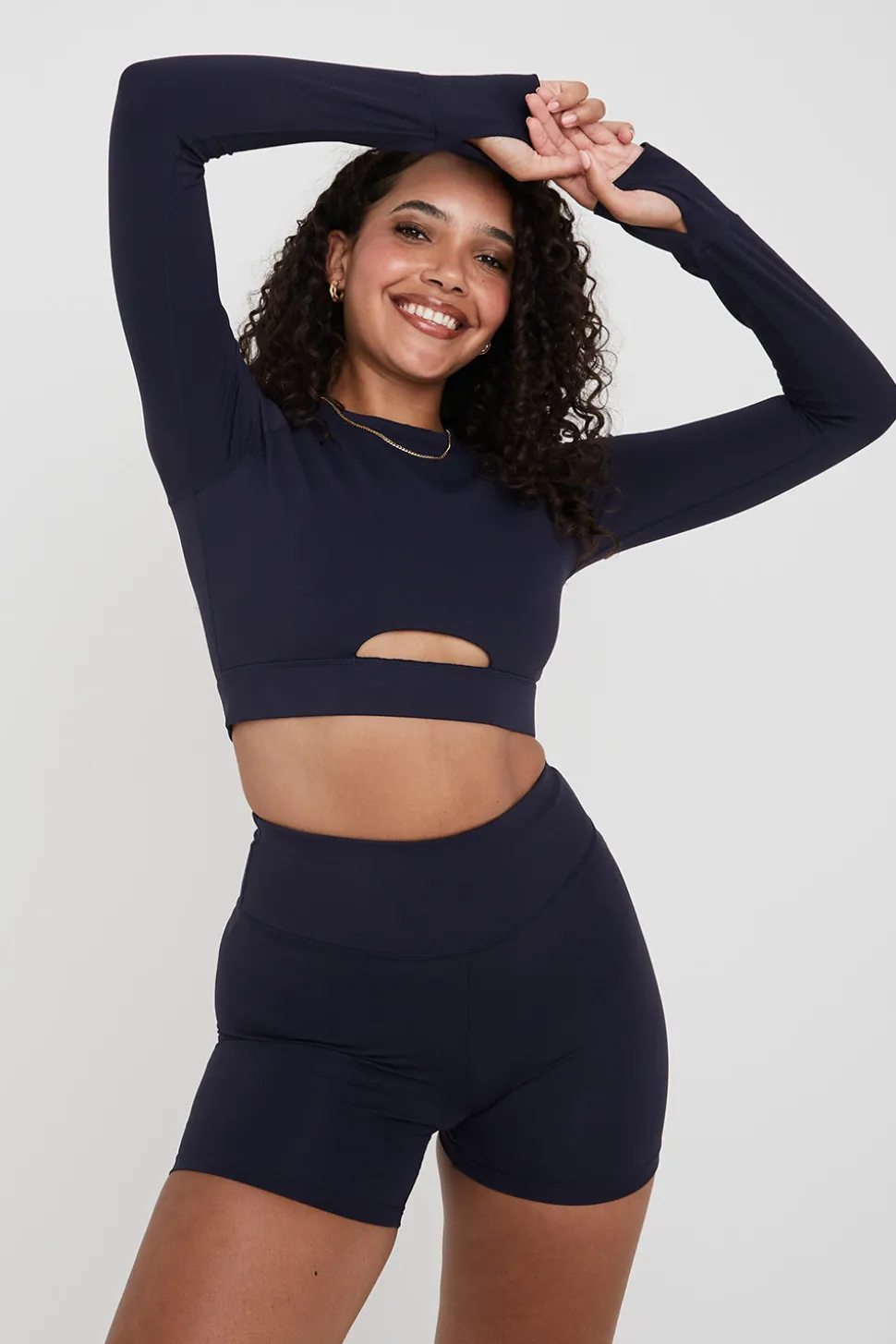 SkinLuxe Long Sleeve Crop Keyhole Top - Navy