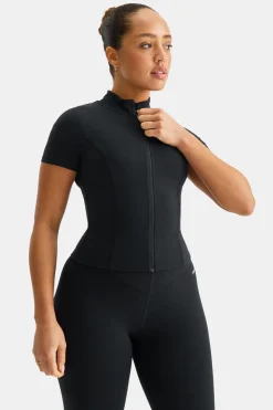 SkinLuxe Zip Through Short Sleeve Running Top - Shadow Black