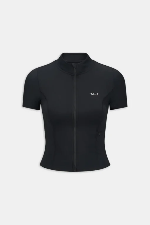 SkinLuxe Zip Through Short Sleeve Running Top - Shadow Black