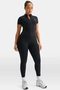 SkinLuxe Zip Through Short Sleeve Running Top - Shadow Black