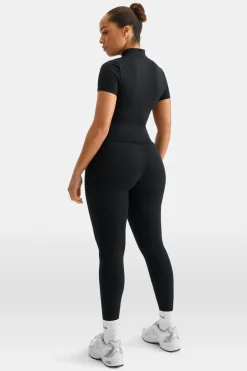 SkinLuxe Zip Through Short Sleeve Running Top - Shadow Black
