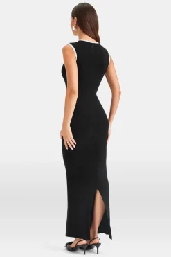 Sleeveless Contrast Ribbed Knit Maxi Dress - Black And Buttermilk