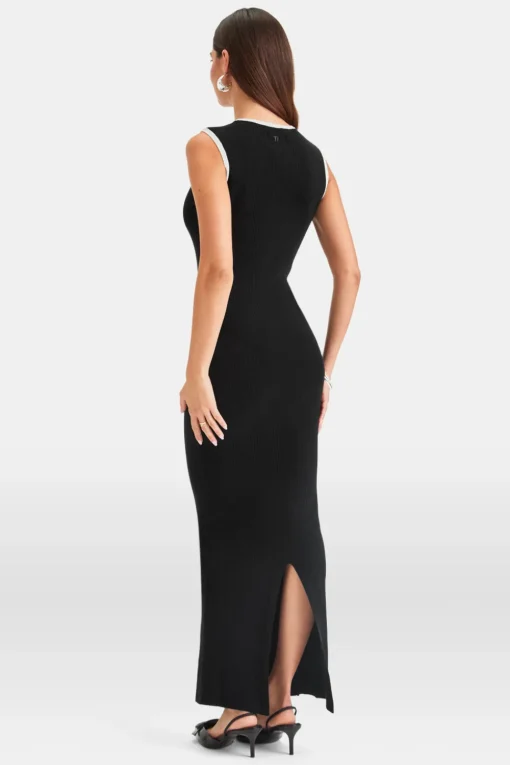 Sleeveless Contrast Ribbed Knit Maxi Dress - Black And Buttermilk