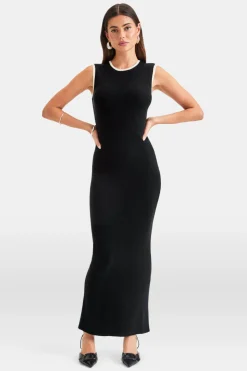 Sleeveless Contrast Ribbed Knit Maxi Dress - Black And Buttermilk