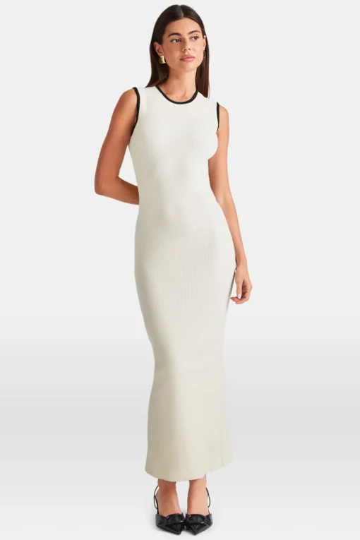 Sleeveless Contrast Ribbed Knit Maxi Dress - Buttermilk And Black