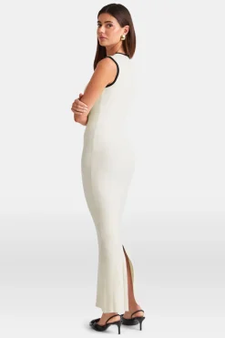Sleeveless Contrast Ribbed Knit Maxi Dress - Buttermilk And Black