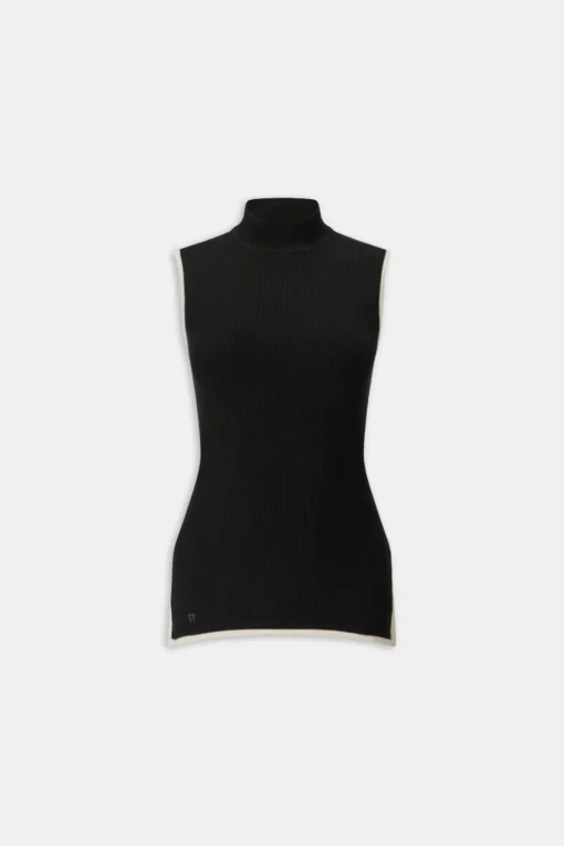 Sleeveless Mock Neck Ribbed Knit Tank - Black And Buttermilk