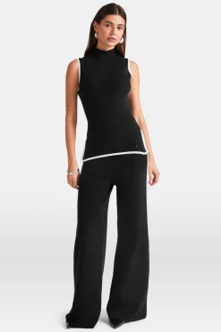 Sleeveless Mock Neck Ribbed Knit Tank - Black And Buttermilk