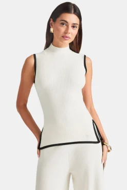 Sleeveless Mock Neck Ribbed Knit Tank - Buttermilk And Black